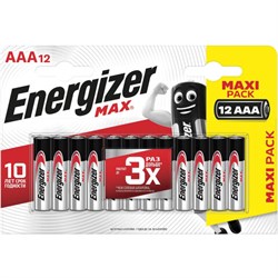 Батарейки КОМПЛЕКТ 12 шт. ENERGIZER Max AAA (LR03, 24А) алкалиновые мизинчиковые E301530401